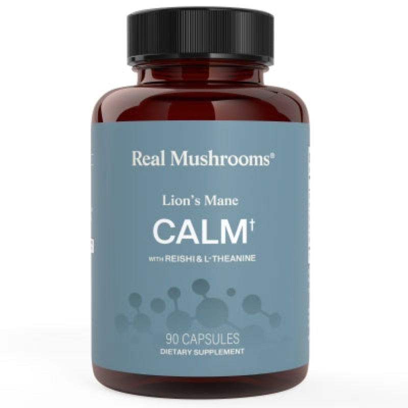 A Supplement container with the name Calm by Real Mushrooms.