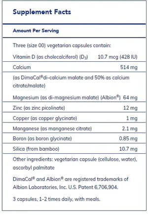 Text describing the ingredients: Vitamin D, Calcium, Magnesium, Zinc, Copper, Manganese, Boron, Silica.