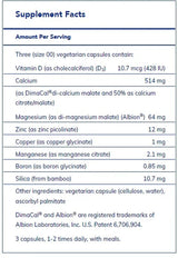 Text describing the ingredients: Vitamin D, Calcium, Magnesium, Zinc, Copper, Manganese, Boron, Silica.