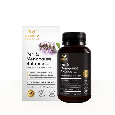 Image of a white suppelement box package that says harker herbals peri and menopause daily support for mood and sleep conivia sage supports clarity shatavari supports ood and sleep, chaste tree supports hormonal balance with botanical extracts dietary supplement 60 vege capsules