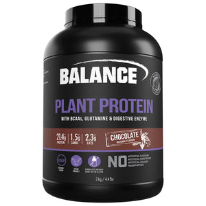 A Supplement container with the name Plant Protein by Balance. Ingredients Vanilla flavour: Balance Plant Protein Blend (91%) (Pea Protein Isolate, Brown Rice Protein Concentrate, Chia Protein Powder, Sacha Inchi Powder), Natural Flavours, Amino Acids [L-Glutamine (2%), BCAAs (1%) (L-Leucine, L-Isoleucine, L-Valine)], Vegetable Gums (Xanthan, Guar), Salt, Digestive Enzymes (0.4%) (Bromelain, Papain), Natural Sweeteners (Steviol Glycosides, Thaumatin).