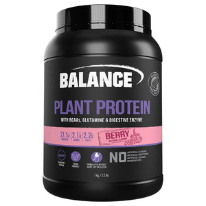 A Supplement container with the name Plant Protein (1kg Berry flavour) by Balance