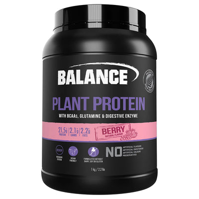 A Supplement container with the name Plant Protein (1kg Berry flavour) by Balance