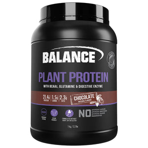 A Supplement container with the name Plant Protein (1kg Chocolate flavour) by Balance
