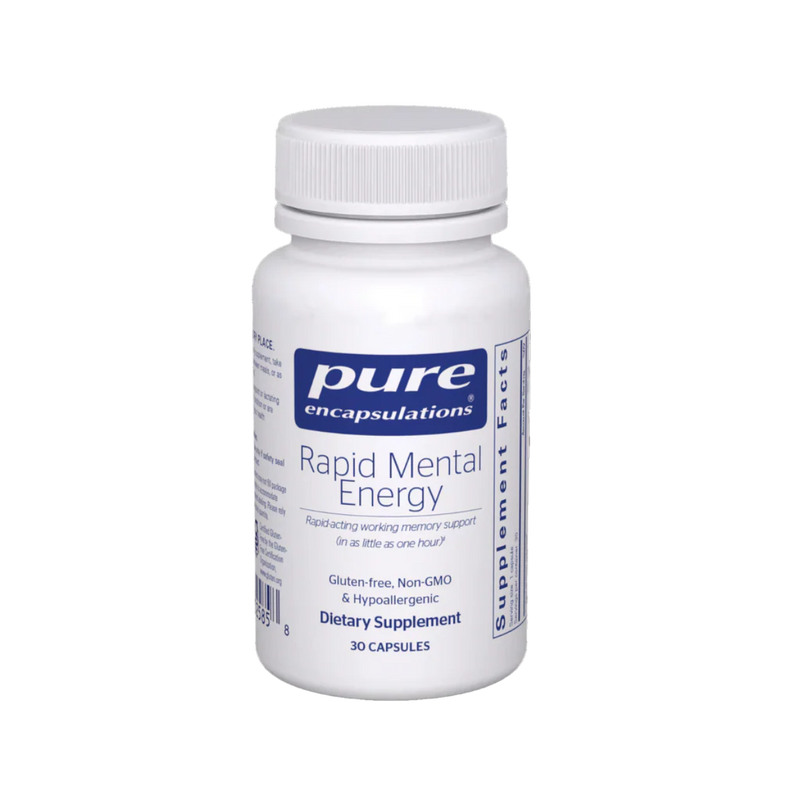 A Supplement container with the name Rapid Mental Energy by Pure Encapsulation. 