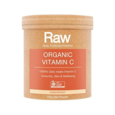 A Supplement container with the name RAW Organic Vitamin C by Amazonia.