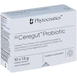 A Supplement box with the name Ceregut Probiotic (10 Sachets) by Phytoceutics.