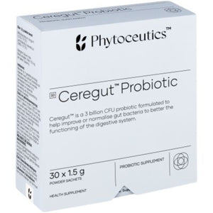 A Supplement box with the name Ceregut Probiotic (30 Sachets) by Phytoceutics.