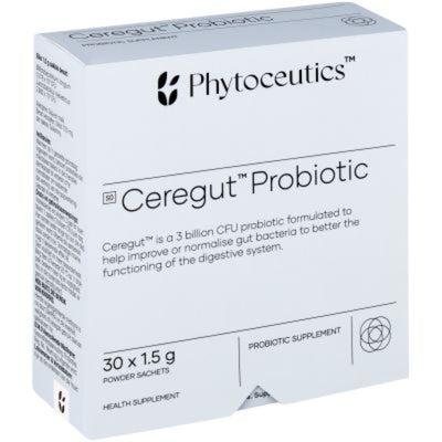 A Supplement box with the name Ceregut Probiotic (30 Sachets) by Phytoceutics.