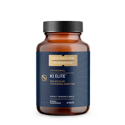 Image of a brown bottle that says quicsilver scientific liposomal h2 elite molecular hydrogen addictive highly bioavailable dietary supplement 60 tablets 