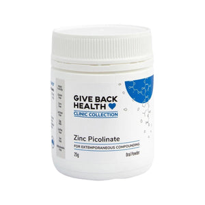Image of white supplement bottle that says give back health clinic collection zinc picolinate for extemporaneous compounding 25g oral powder 