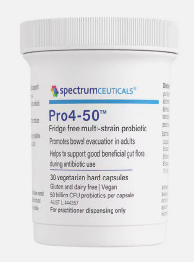 A Supplement container with the name Pro4-50  (30 caps) by Spectrumceuticals.