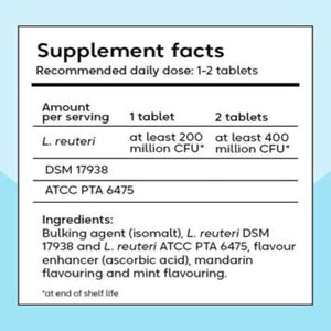Ingredients: Bulking agent (L.reuteri DSM 17938 and L.reuteri ATCC PTA 6475, flavour enhancer (ascorbic acid), mandarin and mint flavouring.