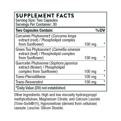 Ingredients including Curcumin, Phytosome, Curcuma long extract, Phospholipid complex, Sunflower, Green Tea Phytosome, Camellia sinensis extract leaf, Phospholipid complex, Quercetin Phytosome, Sophora japonica extract, Phospholipid, Trans-Pterostilbene, Trans-Resveratrol.