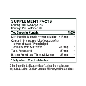 Ingredients including Nicotinamide Riboside Hydrogen Malate, Quercetin Phytosome, Sophora japonica extract flower, Phospolipid, Sunflower, Trans-Resveratrol, Betaine Anhydrous, TMG, Trimethylglycine.