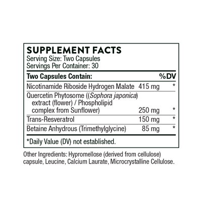 Ingredients including Nicotinamide Riboside Hydrogen Malate, Quercetin Phytosome, Sophora japonica extract flower, Phospolipid, Sunflower, Trans-Resveratrol, Betaine Anhydrous, TMG, Trimethylglycine.