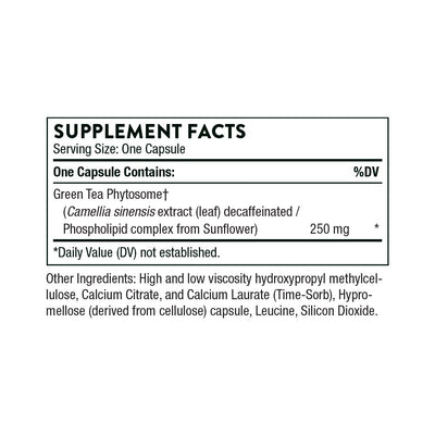 Ingredients including Green Tea Phytosome, Camellia sinensis extract, Decaffinated, Phospholipid complex, Sunflower.
