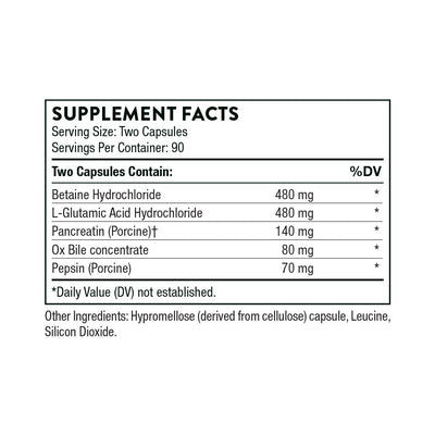 Ingredients including Betaine Hydrochloride, L-Glutamic Acid Hydrochloride, Pancreatin, Porcine, Ox Bile concentrate, Pepsin.