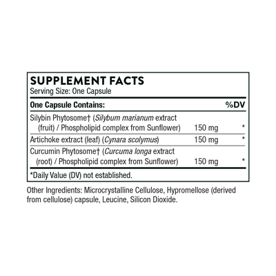Ingredients including Silybin Phytosome, Silybum marianum extract fruit, Phospholipid, Sunflower, Artichoke extract leaf, Cynara scolymus, Curcumin Phytosome, Curcuma longa.