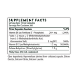 Ingredients including Vitamin B6, Pyridoxal 5 Phosphate, Folate, L5mthfr, Glucosomine salt, Vitamin b12, Methylcobalamin, Betaine Anhydrous, TMG.