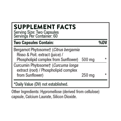 Text describing the ingredients: Bergamot Phytosome, Curcumin Phytosome.