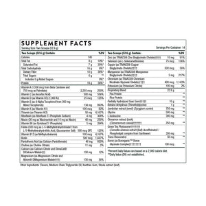ngredients including Vitamin A, Beta Carotene, Vitamin C, Ascorbic Acid, Vitamin D, D3, Vitamin E, D-Alpha Tocopherols, Mixed Tocopherols, Thiamine HCI, Riboflavin, Niacin, Vitamin B6, P5P, Folate, Methyltetrahydrofolate, l5mthfr, Vitamin b12, Methlycobalamin, Biotin, Pantothenic acid, Choline,  Calcium, Iron, Magnesium Citrate, Zinc Bisglycinate, TRAACS, Selenium, Manganese, Chromium, Molybdenum, Sodium, Potassium, Pea Protein, Glycine, Isoleucine, Resveratrol, Green Tea.