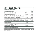 Text describing the ingredients: Vitamin C, Thiamin, Riboflavin, Vitamin B6, Pantothenic Acid, Zinc, Adrenal, Licorice Root, Adrenal Cortex 