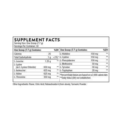 Ingredients: L-Leucine, L-Lysine, L-Isoleucine, L-Valine, L-Threonine, L-Histidine, L-Cystine, L-Phenylalanine, L-Methionine, L-Tyrosine, L-Trytophan.