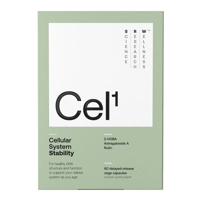 Image of a green box with the title Cel1, product by SRW cellular system stability. For healthy DNA structure and function to support your cellular system as you age. 