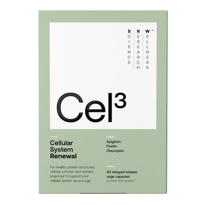 Image of a green box that has the title Cel3, product from SRRW cellular System Renewal For healthy protein structures, celluar turnover and nutrient response to support your cellular system as you age. 60 vege caps 