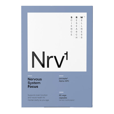 Image of a blue box with a title Nrv1, product by SRW Nervous system focus. 60 Vege caps