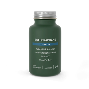 Image of a green bottle that says sulforaphane coplex, potent Nrf2 Activator 1,5% Sulforaphane yield TetraSOD Once per day food supplement capsules 30 