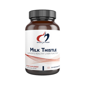 A bottle of Designs for Health Milk Thistle supplement with the label indicating it supports healthy liver function, containing 90 capsules.