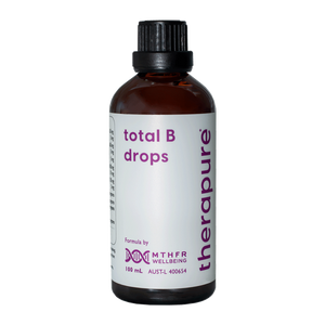 A supplement bottle with the name Total B Drops by Therapure.