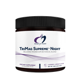Image of a white container that says trimag supreme night relaxing magnesium botanical blend dietary supplement lavender + lemon flavour 