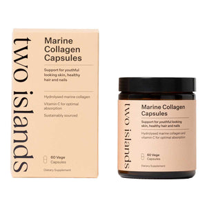 A Supplement container with the name Marine Collagen Capsules by Two Island.