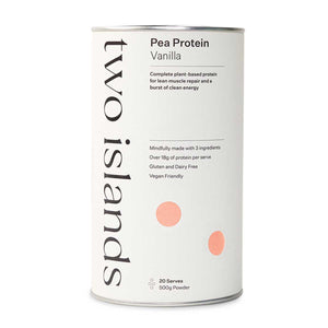 A Supplement container with the name Pea Protein (Vanilla) by Two Islands.