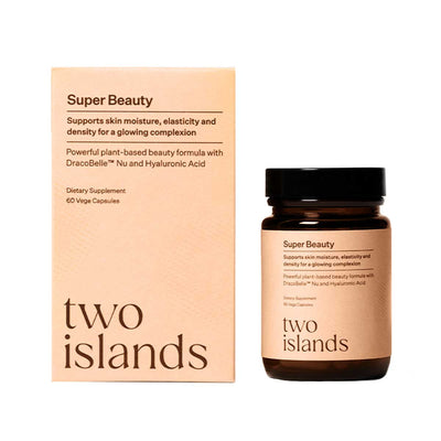 A Supplement container with the name Super beauty by Two Island.