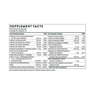 Ingredients including Vitamin A, Beta Carotene, Palmitate, Vitamin C, Ascorbic Acid, Vitamin D, D3, Vitamin E, D-Alpha Tocopheryl, Thiamine, Thiamin HCI, Riboflavin 5 Phosphate Sodium, Niacin, Niacinamide, Vitamin B6, P5P, Pyridoxal 5 Phosphate, Folate, L-5mthfr, L-5 Methlytetrahydrofolate, Glucosamine Salt, Vitamin B12, Methylcobalamin, Biotin, Pantothenic, Calcium Pantothenate, Choline Citrate, Calcium Malate, Iodine, Potassium Iodide, Magnesium Malate, Zinc TRAACS BIsglycinate, Selenium, L- Selenomethion