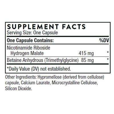 Ingredients including Nicotinamide Riboside Hydrogen Malate, Betaine Anhydrous, Trimethylgylcine. 