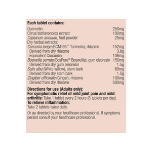 Ingredients: Quercetin, Citrus bioflavonoids extract, Capsicum annuum, fruit powder, Dry herbal extracts: Curcuma longa, Equivalent curcumin, Bosewellia serrata, Salix alba, Zingiber officinale, Ginger, White Willow, BCM-95 
