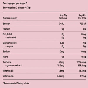 Ingredients: Caffeine 30mg each, Vitamin B5, Vitamin B6