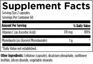 Supplement facts:
Vitamin C (as AScorbic Acid), Monolaurin(as glycerol monolaurate), Cellulose (capsule), dicalcium phosphate , sunflower lecithin, silicon dioxide, vegetable stearate