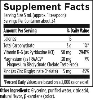 Ingredients list: 
Vitamin B-6 (as Pyridoxine HCI), Magnesium (as TRAACS Magnesium Bisglycinate Chelate Taste free), Zinc (as Zinc Bisglycinate Chelate), Glycerine, purified water, citric acid, natural flavour, B-carotene (color)