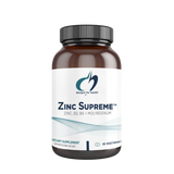 A white supplement bottle that says designs for helath zinc supreme dietary supplement 90 vegetarian caps 