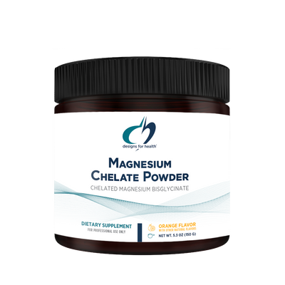 Image of Magnesium Chelate Powder by designs for health, white supplement bottle 150g 