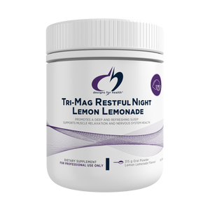 Image of a white supplement bottle that says designs for health tri mag restful night lemon lemonade promotes a deep and refreshing sleep supports muslce relaxation and nervous system health 315g oral powder lemon lemonade flavour 