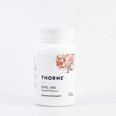 A Supplement container with the name O.P.C.-100  Grapeseed Phytosome by THorne.