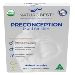 A Supplement container with the name Preconception Multi for Men by Naturobest.