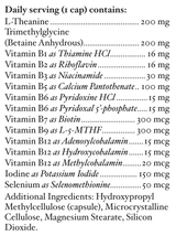Text listing the ingredients including L-Theanine, TMG, Trimethylglycine. Betaine Anhydrous, VItamin b1, Thiamine HCl, Vitamin b2, Riboflavin, Vitamin b3, Niacinamide, Vitamin b5, calcuim Pantothenate, Vitamin b6, Pyridoxal HCl, Pyridocal 5 Phosphate, p5p, Vitamin b7, Biotin, Vitamin b9, L-5-Mthf , Vitamin b12, Adenosylcobalamin, Hydroxycobalamin, Methylcobalamin, Iodine, POtassium Iodide, Selenium as Seleomethionine